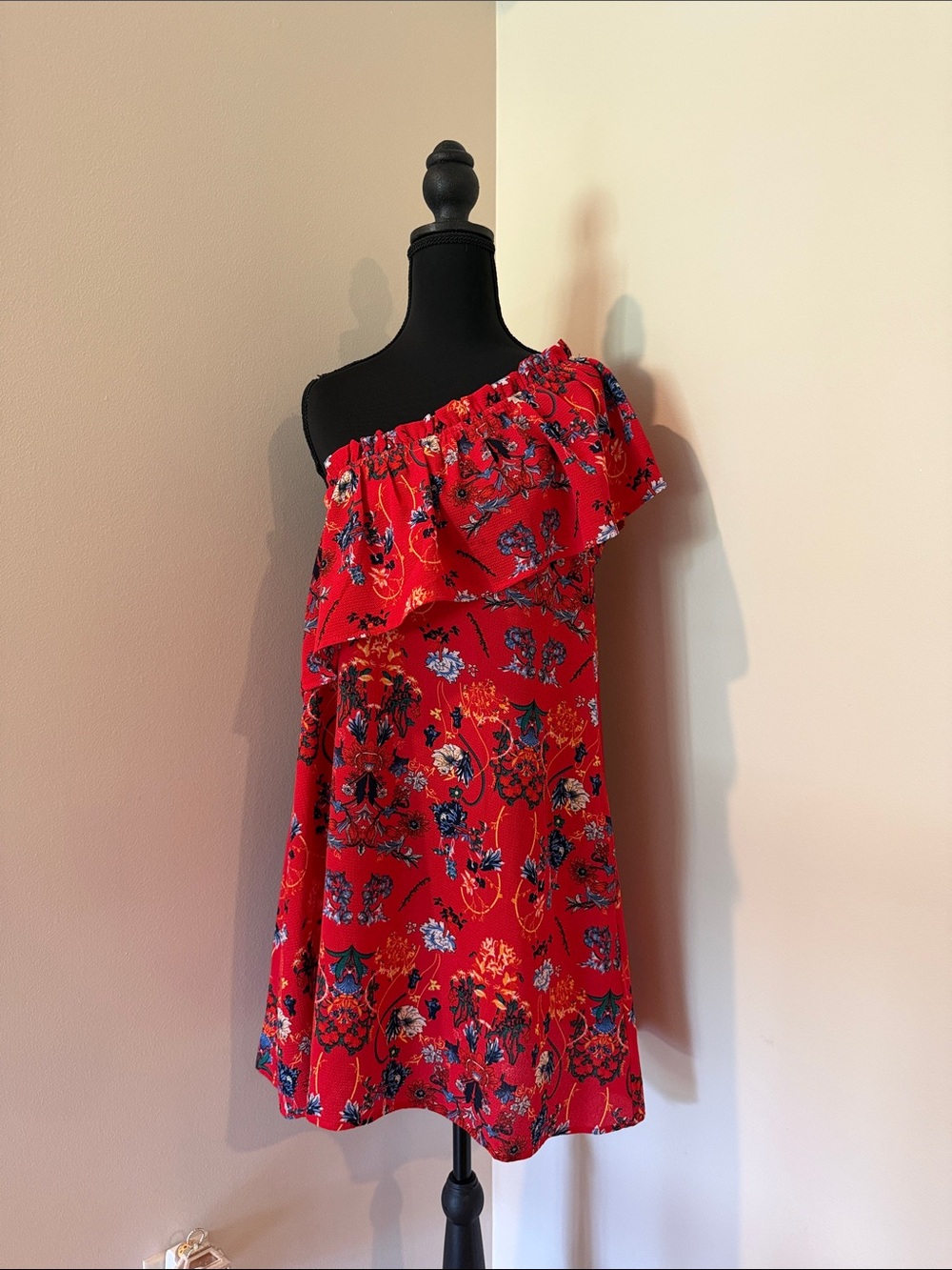 Umgee Red One-Shoulder Floral Ruffle Dress